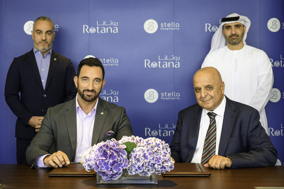 Stella Hospitality and Rotana partnership signing ceremony Sustainable hotel amenities by Stella for Rotana Rotana Hotels guest room with amenities